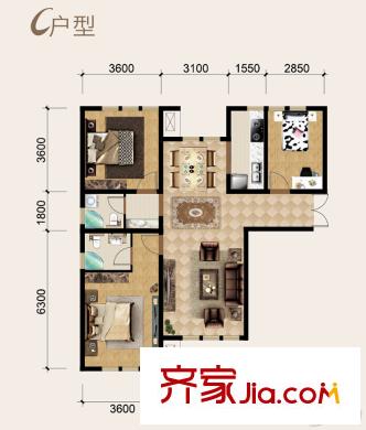 城廂公館一期洋房標(biāo)準(zhǔn)層C戶型 3室2廳2衛(wèi)1廚
