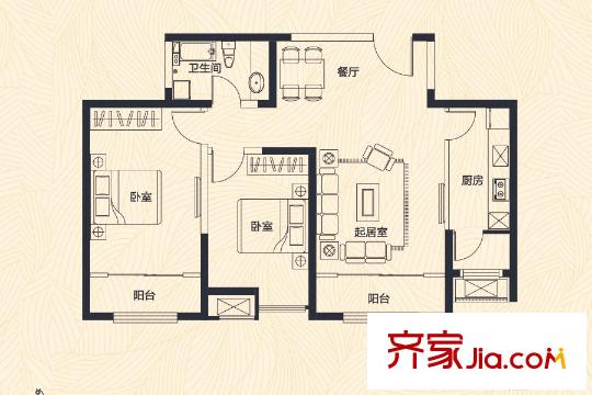 天物郁江溪岸高層1、7、8號(hào)樓標(biāo)準(zhǔn)層B戶(hù)型 2室2廳1衛(wèi)