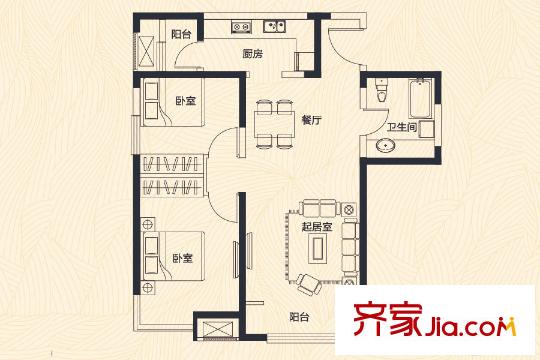 天物郁江溪岸高層1、7、8號(hào)樓標(biāo)準(zhǔn)層C戶(hù)型 2室2廳1衛(wèi)