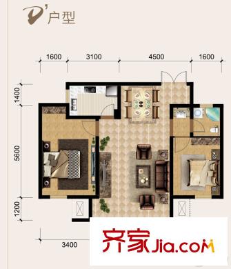 城廂公館一期洋房標(biāo)準(zhǔn)層D戶型 2室1廳1衛(wèi)1廚