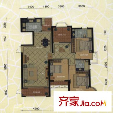東方名城72#、78#E1戶型復(fù)式下層平面圖 3室2廳2衛(wèi)1廚