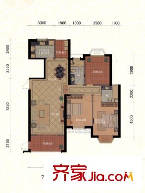 東方名城73、75號(hào)樓H戶型平面圖 3室2廳2衛(wèi)1廚