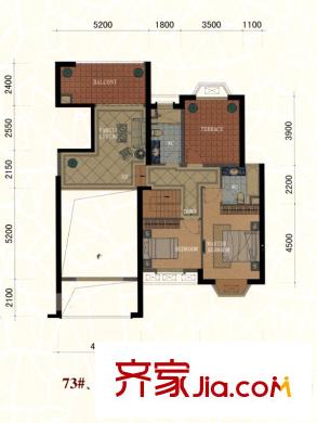 東方名城73、75號(hào)樓H戶型復(fù)式上層平面圖 2室1廳2衛(wèi)