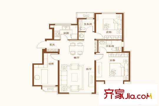 旭輝燕南園一期洋房標(biāo)準(zhǔn)D戶型 3室2廳2衛(wèi)1廚