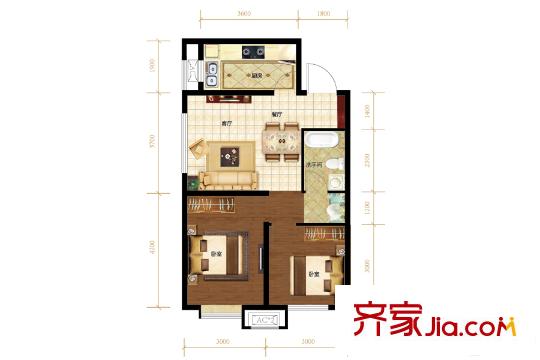 首創(chuàng)大河宸章一期1、2、4、5號樓標(biāo)準(zhǔn)層D’戶型 2室2廳1衛(wèi)1廚