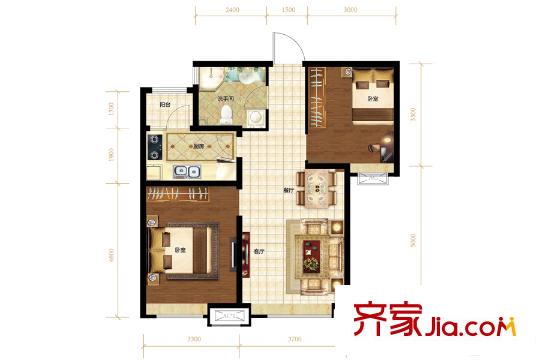 首創(chuàng)大河宸章一期1、2、4、5號樓標(biāo)準(zhǔn)層C戶型 2室2廳1衛(wèi)1廚