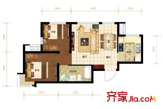 首創(chuàng)大河宸章一期1、2、4、5號(hào)樓標(biāo)準(zhǔn)層E’戶型 2室2廳1衛(wèi)1廚