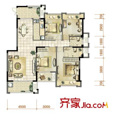 中茵上城國際戶型圖13#15#D2戶型 4室2廳2衛(wèi)1廚