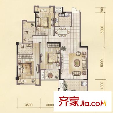中茵上城國際戶型圖15#D1戶型 3室2廳2衛(wèi)1廚