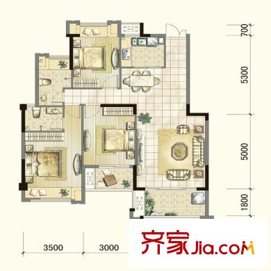 中茵上城國際戶型圖13#15#D1戶型 3室1廳2衛(wèi)1廚