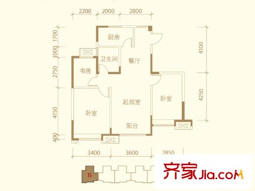濱海星河榮御洋房標(biāo)準(zhǔn)層B戶型 3室2廳1衛(wèi)1廚