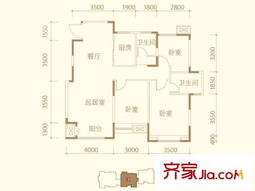 濱海星河榮御洋房標(biāo)準(zhǔn)層C戶型 3室2廳2衛(wèi)1廚