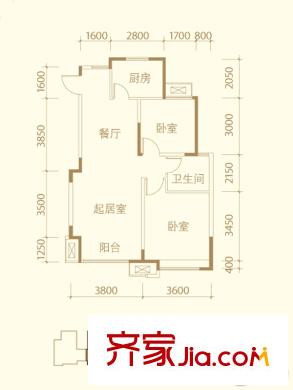 濱海星河榮御洋房標準層A戶型 2室2廳1衛(wèi)1廚