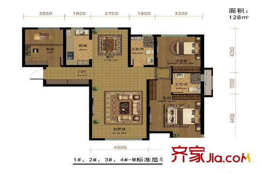 半灣半島一期高層1#2#3#4#樓標(biāo)準(zhǔn)層戶型圖 3室2廳2衛(wèi)1廚