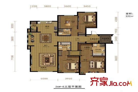 半灣半島一期平墅26#樓三層平面圖 4室2廳3衛(wèi)1廚