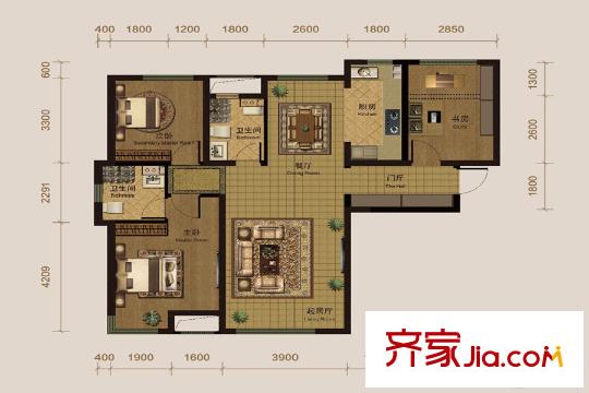 半灣半島二期高層117平米標(biāo)準(zhǔn)層戶型圖 3室2廳2衛(wèi)1廚