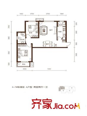紫韻楓尚高層4-7號樓標準層A戶型 2室2廳1衛(wèi)1廚