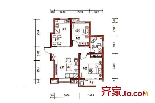 紫韻楓尚高層標準層M3戶型 2室2廳1衛(wèi)1廚