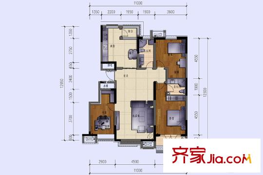 陽光美域高層標準層C戶型 3室2廳2衛(wèi)1廚