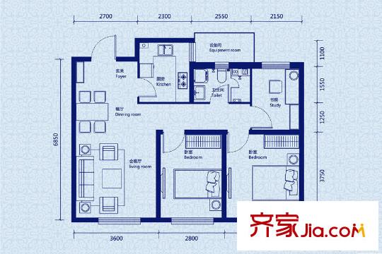 格調(diào)綺園高層2號(hào)樓標(biāo)準(zhǔn)層88平方米A戶(hù)型 2室2廳1衛(wèi)1廚