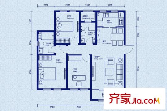 格調(diào)綺園高層2號(hào)樓標(biāo)準(zhǔn)層118平方米B戶(hù)型 3室2廳2衛(wèi)1廚
