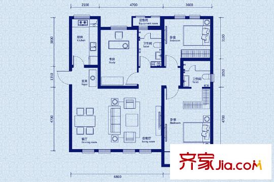格調(diào)綺園高層2號(hào)樓標(biāo)準(zhǔn)層136平方米C戶(hù)型 3室2廳2衛(wèi)1廚