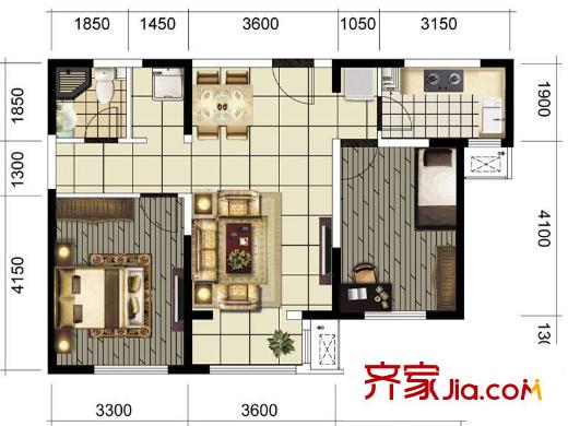 北寧灣四期高層標準層兩室戶型圖 2室2廳1衛(wèi)1廚