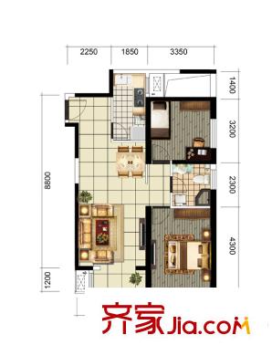 北寧灣四期高層標準層兩室戶型圖 2室2廳1衛(wèi)1廚