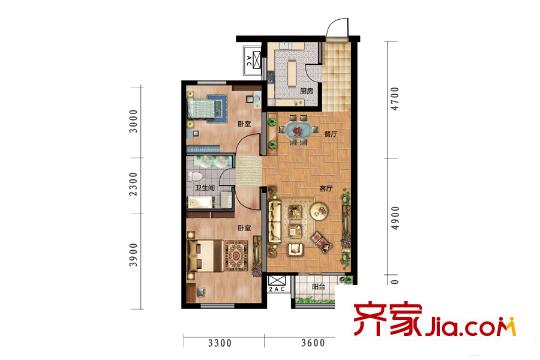 富景花園高層標(biāo)準(zhǔn)層A戶型 2室2廳1衛(wèi)1廚