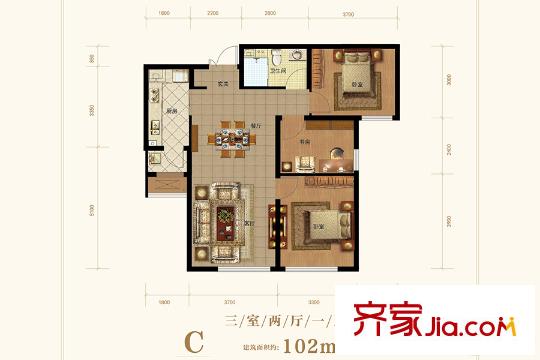 天津全運(yùn)村一期高層標(biāo)準(zhǔn)層C戶型 3室2廳1衛(wèi)1廚