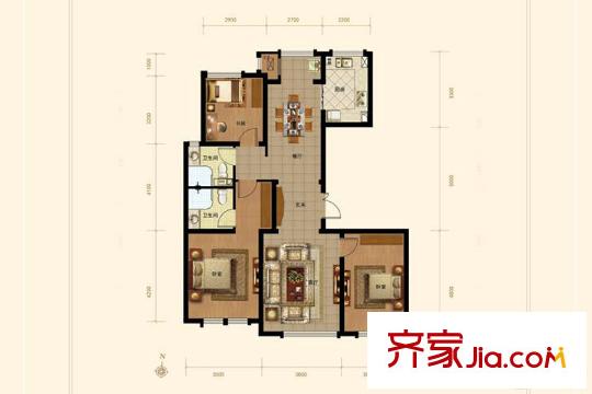 天津全運(yùn)村高層標(biāo)準(zhǔn)層J2戶型 3室2廳2衛(wèi)1廚