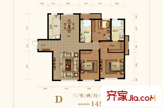 天津全運(yùn)村一期高層標(biāo)準(zhǔn)層D戶型 3室2廳2衛(wèi)1廚