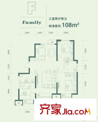 金融街融匯洋房15號樓標(biāo)準(zhǔn)層F戶型 3室2廳2衛(wèi)1廚