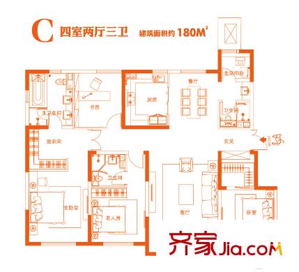 金僑新梅江壹號高層5、11、12號樓標(biāo)準(zhǔn)層C戶型 4室2廳3衛(wèi)1廚