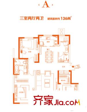 金僑新梅江壹號高層5、11、12號樓標(biāo)準(zhǔn)層A戶型 3室2廳2衛(wèi)1廚