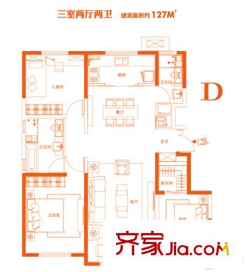 金僑新梅江壹號高層9-12號樓標(biāo)準(zhǔn)層D戶型 3室2廳2衛(wèi)1廚