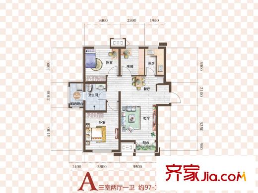 佳寧苑高層標(biāo)準(zhǔn)層A戶型 3室2廳1衛(wèi)1廚