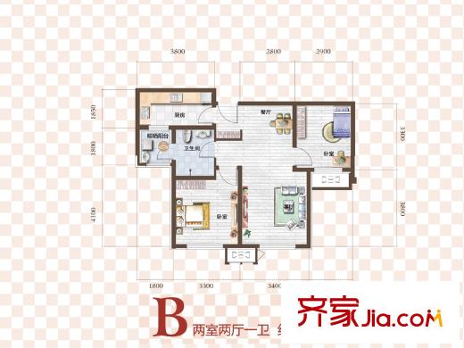 佳寧苑高層標(biāo)準(zhǔn)層B戶型 2室2廳1衛(wèi)1廚