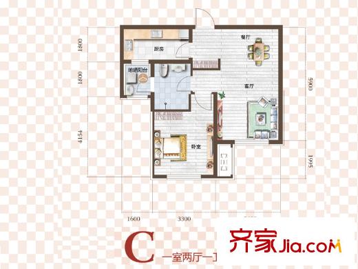 佳寧苑高層標(biāo)準(zhǔn)層C戶型 1室2廳1衛(wèi)1廚