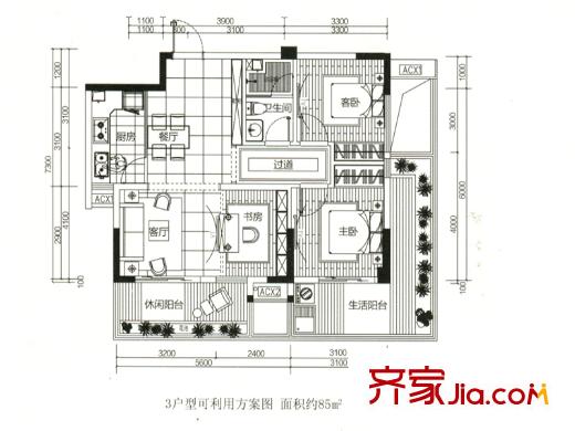 龍江云山墅3戶型圖 3室2廳1衛(wèi)1廚