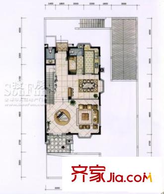 禹洲鼓山一號Lc2（雙拼）地上一層平面圖 4室3廳5衛(wèi)1廚