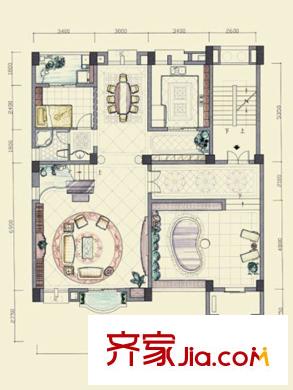 東方威尼斯江岸院墅H復(fù)式戶型一層 1室2廳1衛(wèi)1廚