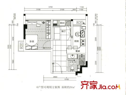 龍江云山墅6戶型圖 1室1廳1衛(wèi)