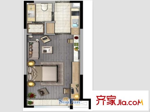 保利?香檳國(guó)際逍邦46平方米單身公寓戶(hù)型圖 1室1廳1衛(wèi)1廚