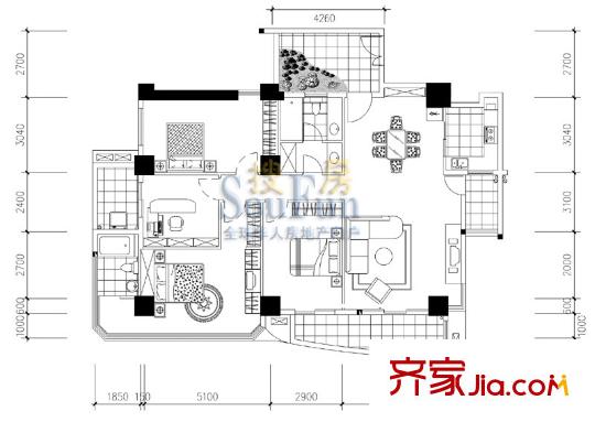 半島國際戶型圖E戶型176平方米 4室2廳