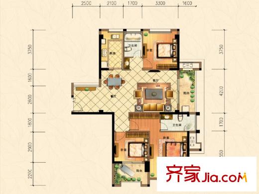 三盛托斯卡納91#01戶型128平方米 3室2廳2衛(wèi)1廚