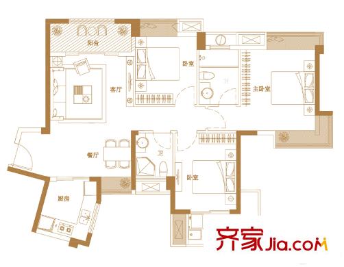融信雙杭城C戶型正面110平方米 3室2廳2衛(wèi)1廚