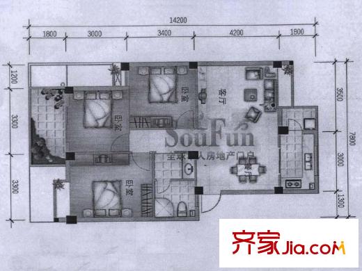 鼓樓庭院戶型圖1#樓08單元  3室2廳1衛(wèi)1廚