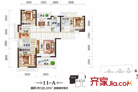 中國鐵建梧桐苑二期11號樓A戶型 4室2廳2衛(wèi)1廚