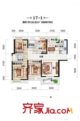 中國鐵建梧桐苑17號樓17-1戶型 4室2廳2衛(wèi)1廚